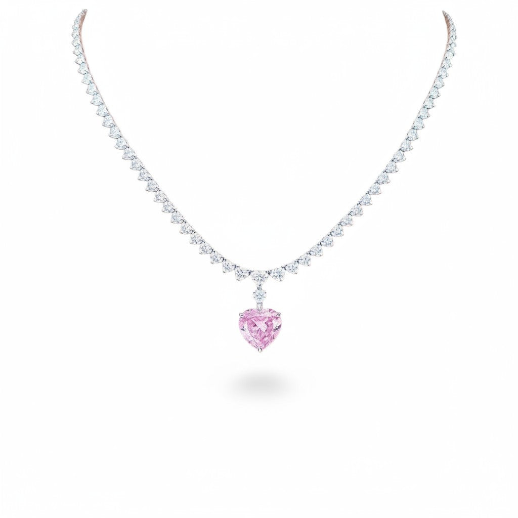 My Store 4 pink heart-cut diamond pendant necklace with a graduating line of white heart-cut diamonds in 18K white gold.