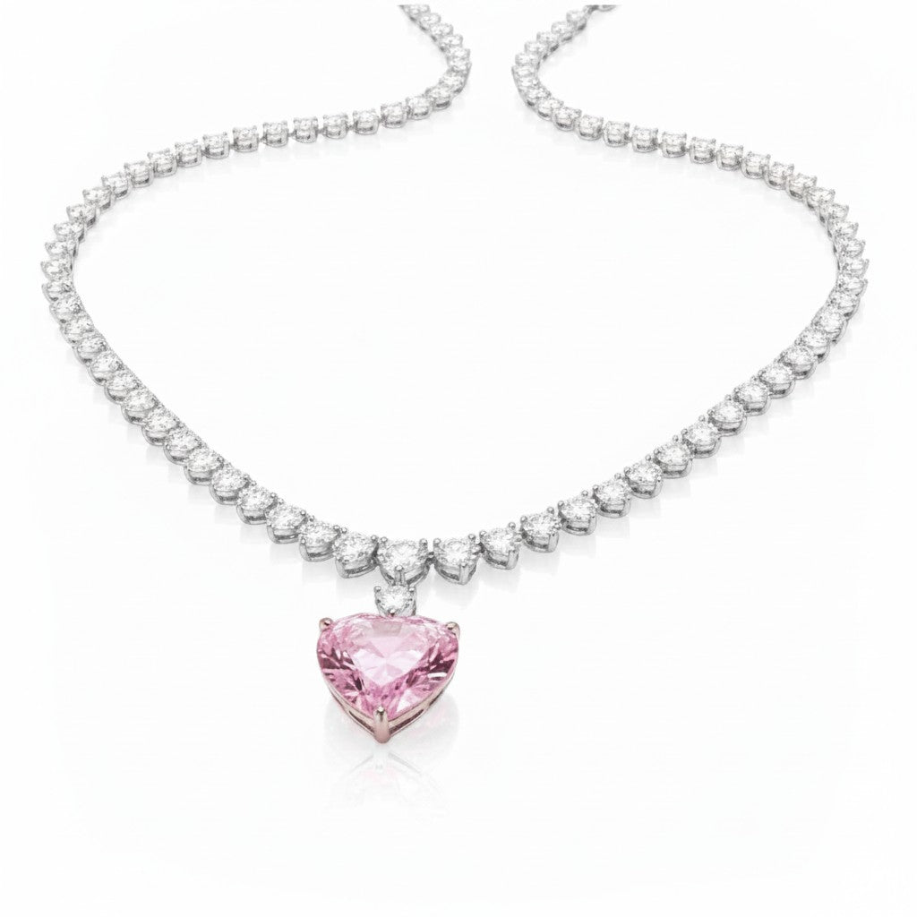 My Store 4 fancy pink heart-cut diamond pendant necklace with a graduating line of white heart-cut diamonds in white gold.