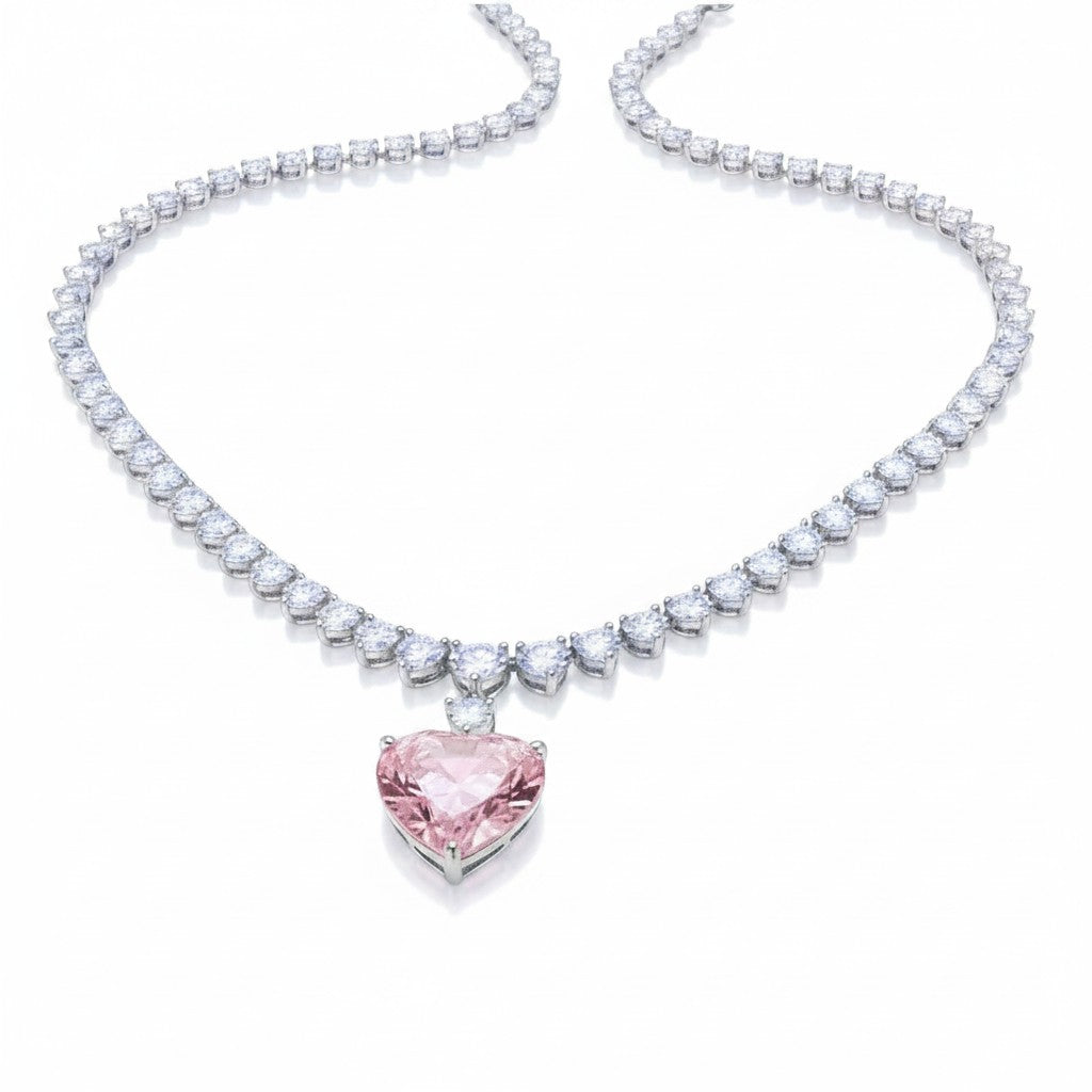 My Store 4 fancy pink heart-cut diamond pendant necklace with a graduating white diamond tennis chain in white gold.