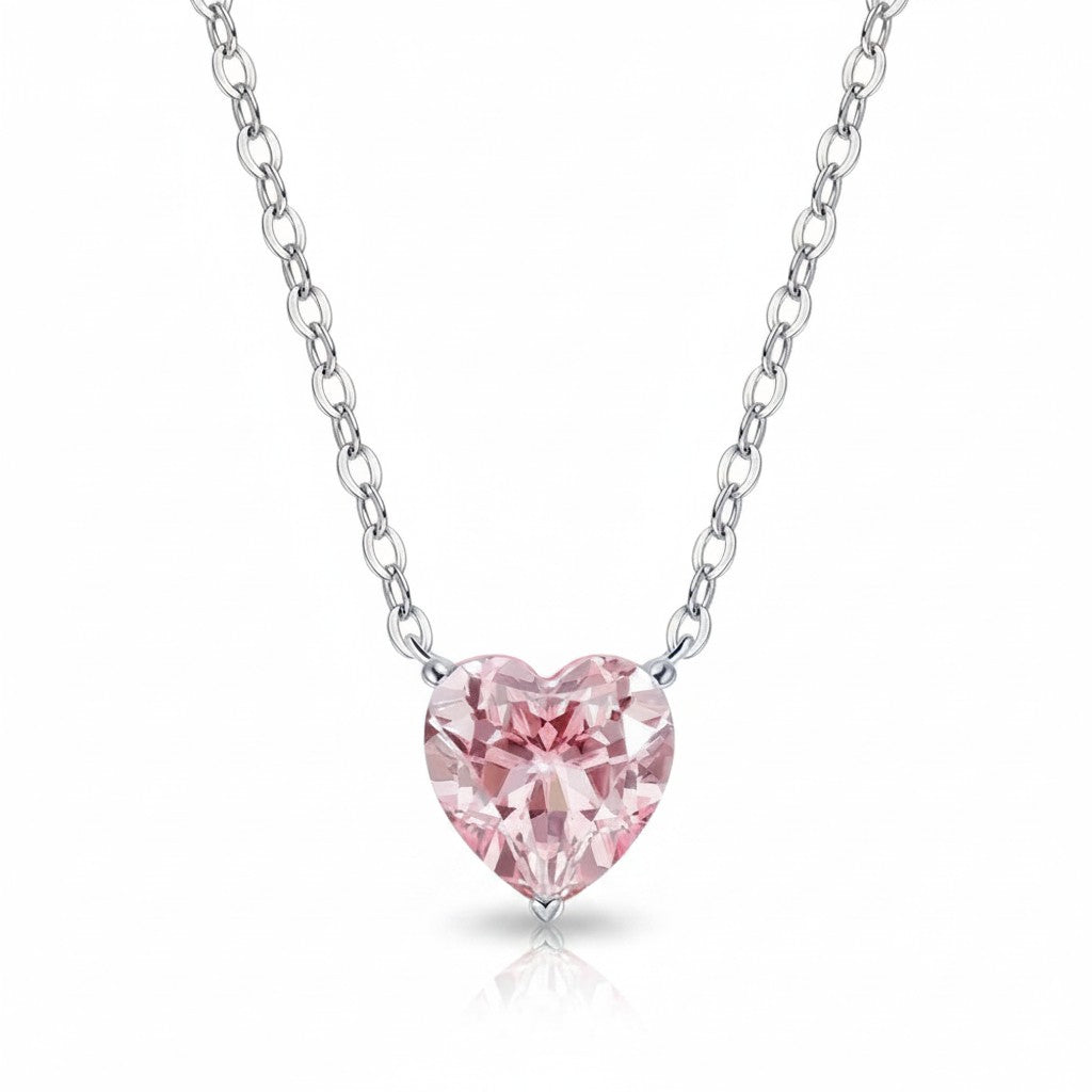 My Store 4 fancy pink heart-cut solitaire diamond pendant necklace on a delicate white gold cable chain.