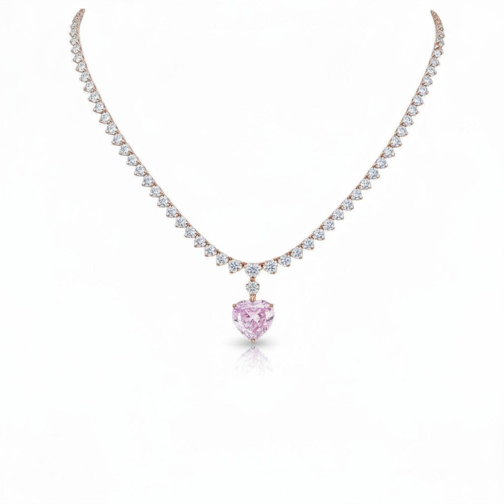 My Store 4 fancy pink heart-cut diamond pendant necklace with a graduating white diamond tennis chain in rose gold.