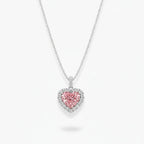 My Store 4 fancy pink heart-cut diamond pendant necklace with a white diamond halo on an 18K white gold cable chain.
