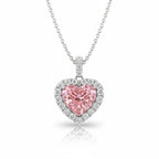 My Store 4 fancy pink heart-cut diamond pendant necklace with a white diamond halo set in 18K white gold on a chain.