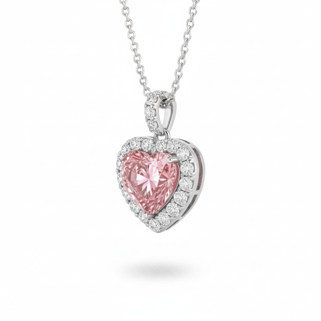 My Store 4 fancy pink heart-cut diamond pendant necklace with a white diamond halo in 18K white gold on a cable chain