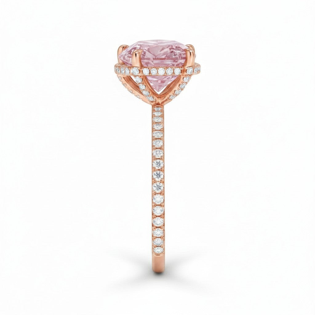 My Store 4 18K solid gold ring featuring a pink heart-cut lab-grown diamond with pavé-set diamond band side view