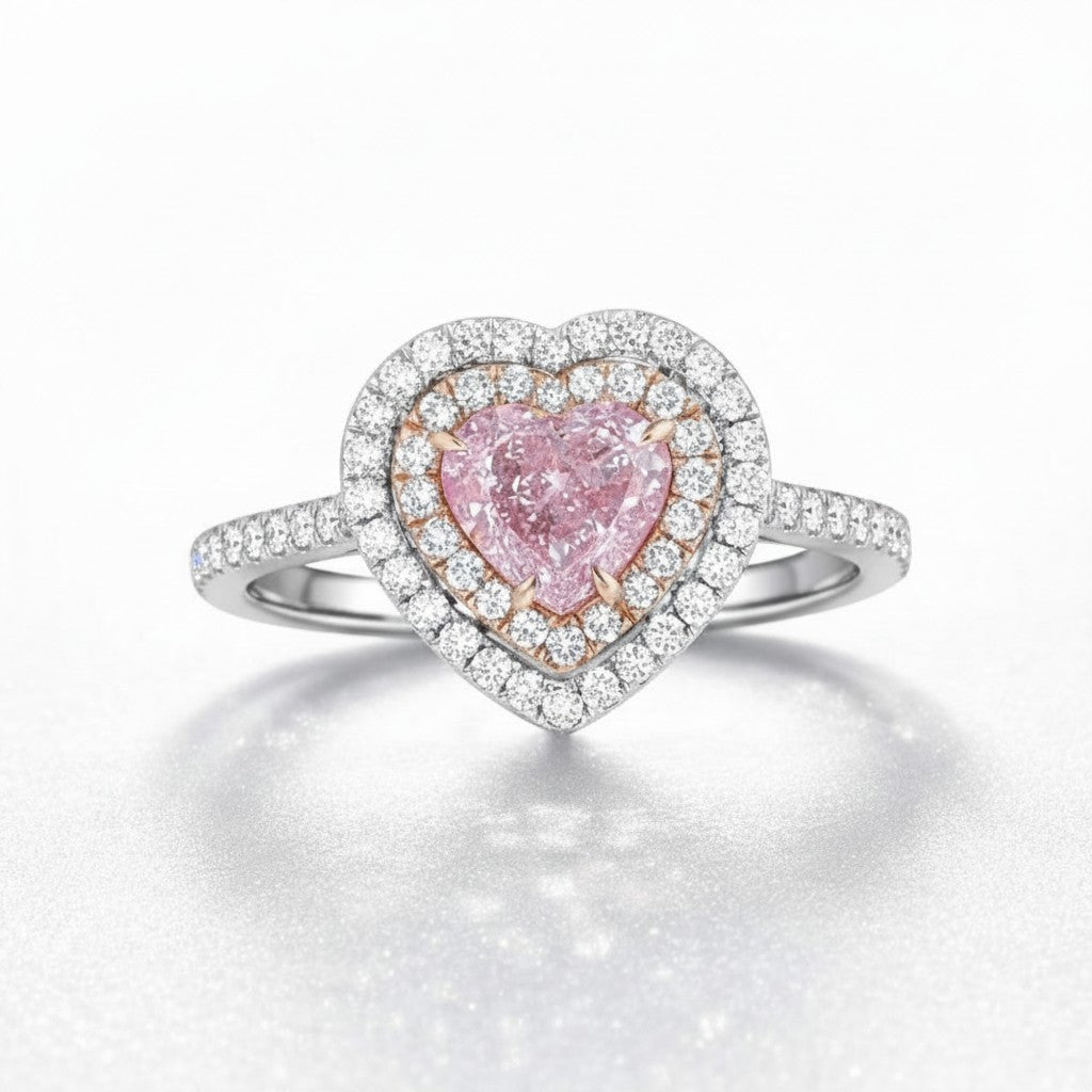 My Store 4 18K solid gold ring featuring a pink heart-cut lab-grown diamond with a double halo and pavé setting.