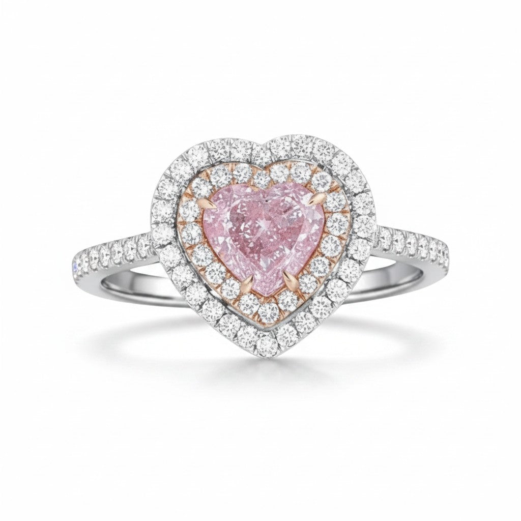 My Store 4 18K solid gold ring featuring a pink heart-cut lab-grown diamond with a double halo and pavé setting.