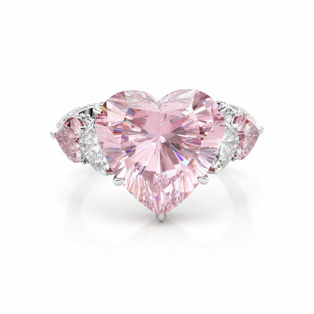 My Store 4 18K solid gold ring featuring a fancy pink heart-cut lab diamond with quartet side stones and pavé accents.