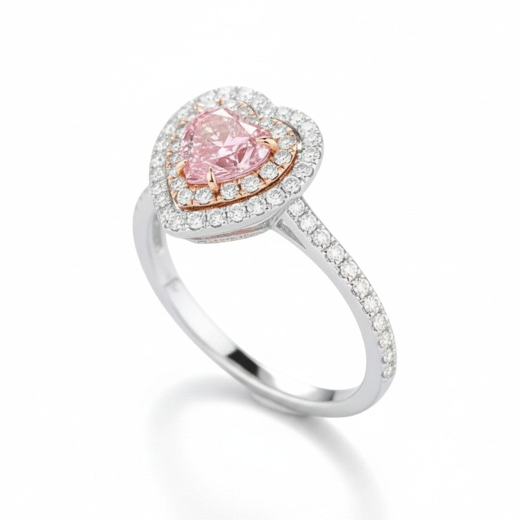 My Store 4 18K solid gold ring featuring a pink heart-cut lab-grown diamond with a double halo and pavé setting.
