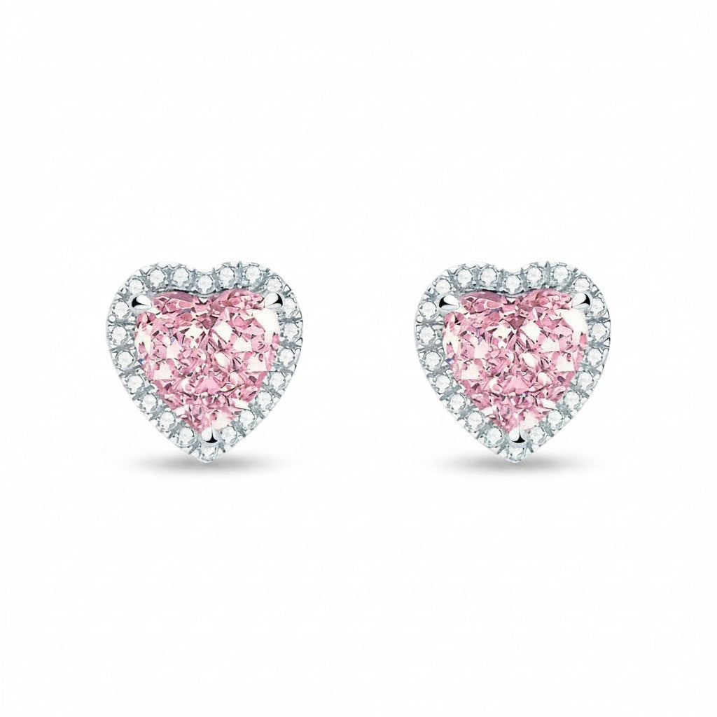 My Store 4 18K solid gold stud earrings featuring 2 carat pink heart lab-grown diamonds in a radiant halo setting.