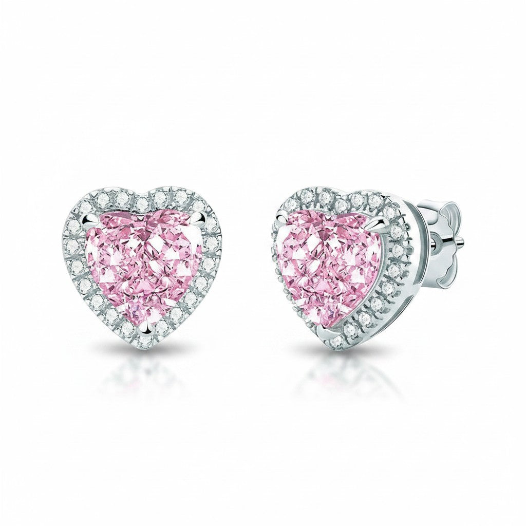 My Store 4 18K solid gold stud earrings featuring 2 carat pink heart-shaped lab diamonds with a sparkling halo setting.