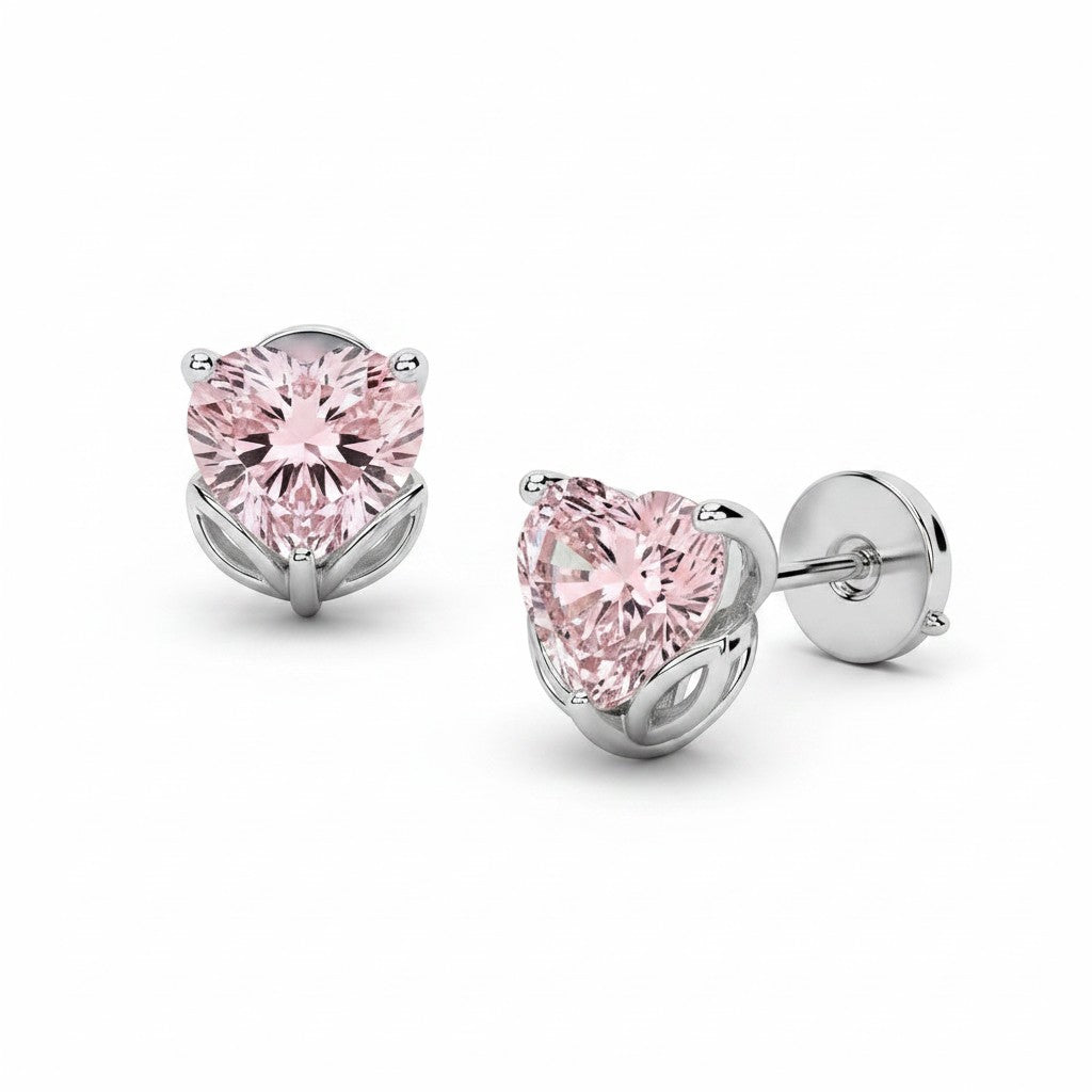 My Store 4 18K solid gold stud earrings featuring 8 carat pink heart-shaped lab-grown diamonds in a prong setting.