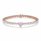My Store 4 tennis bracelet in rose gold featuring a central pink heart-cut diamond and white heart-cut diamond links.