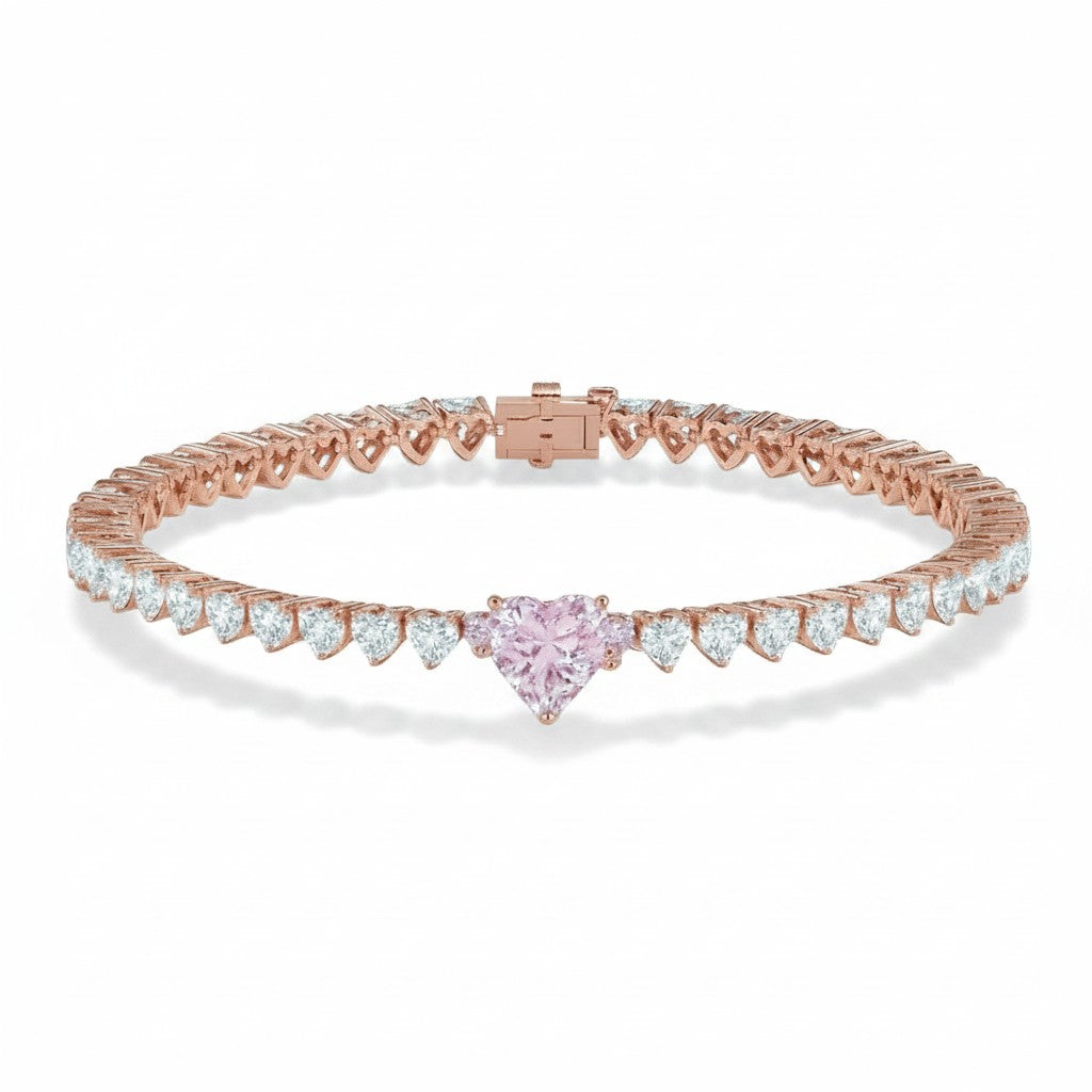 My Store 4 tennis bracelet in rose gold featuring a central pink heart-cut diamond and white heart-cut diamond links.