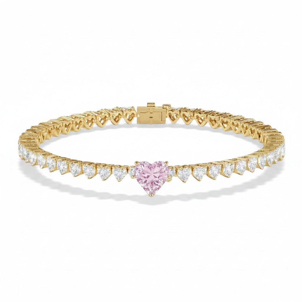 My Store 4 tennis bracelet featuring a central pink heart-cut diamond surrounded by white heart-cut diamonds in gold
