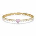 My Store 4 tennis bracelet featuring a central pink heart-cut diamond surrounded by white heart-cut diamonds in gold
