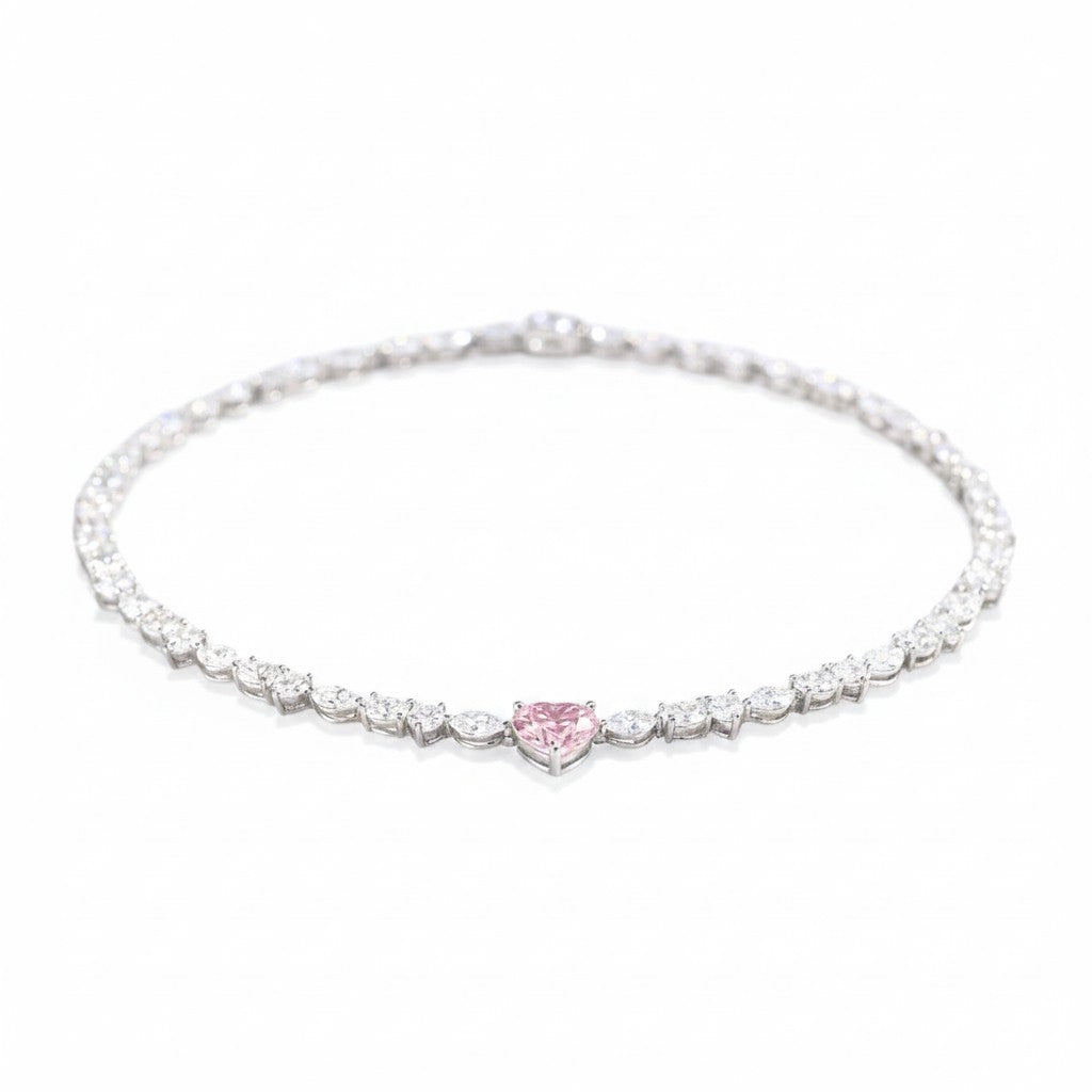 My Store 4 tennis necklace featuring a central pink heart-cut diamond surrounded by mixed-cut white diamonds in white gold