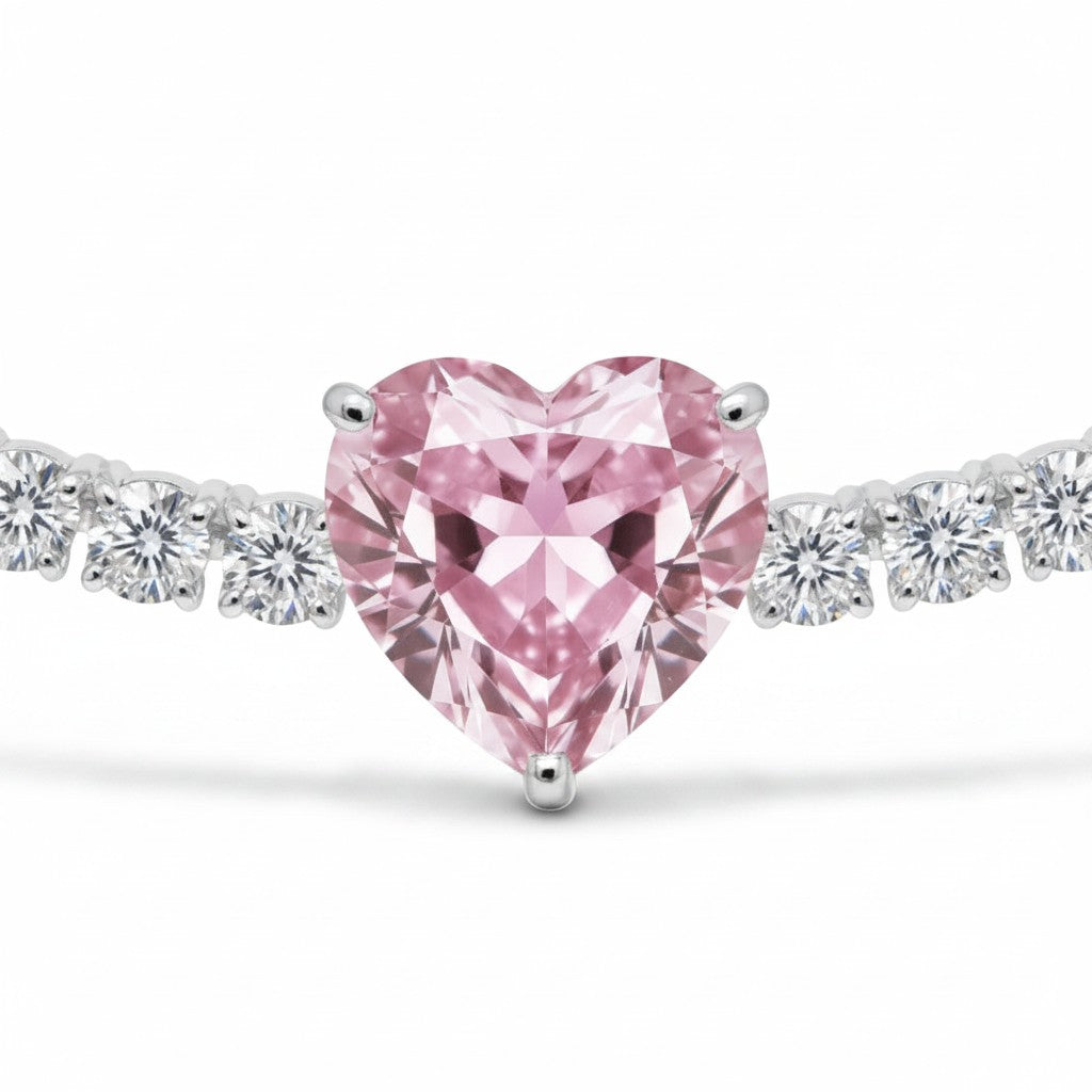 My Store 4 fancy pink heart-cut diamond solitaire centerpiece on a classic white gold round tennis necklace