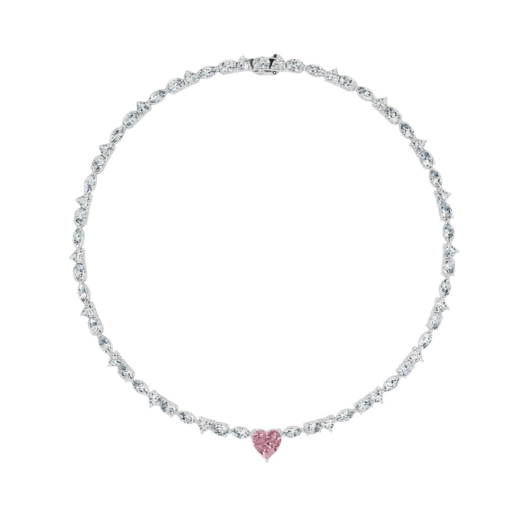 My Store 4 tennis necklace featuring a central pink heart-cut diamond with alternating marquise and round white diamonds.