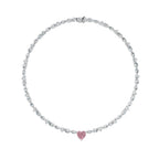My Store 4 tennis necklace featuring a central pink heart-cut diamond with alternating marquise and round white diamonds.