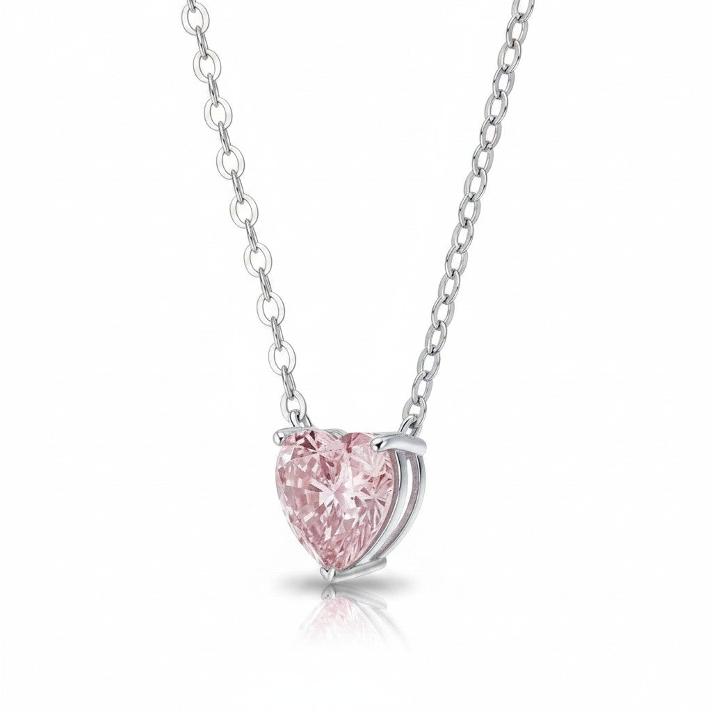 My Store 4 fancy pink heart-cut solitaire pendant necklace in 18K white gold with a fine cable chain.