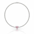 My Store 4 tennis necklace featuring a central pink heart-cut diamond surrounded by a line of round white diamonds.
