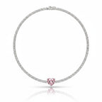My Store 4 tennis necklace featuring a central pink heart-cut diamond surrounded by a line of round white diamonds.