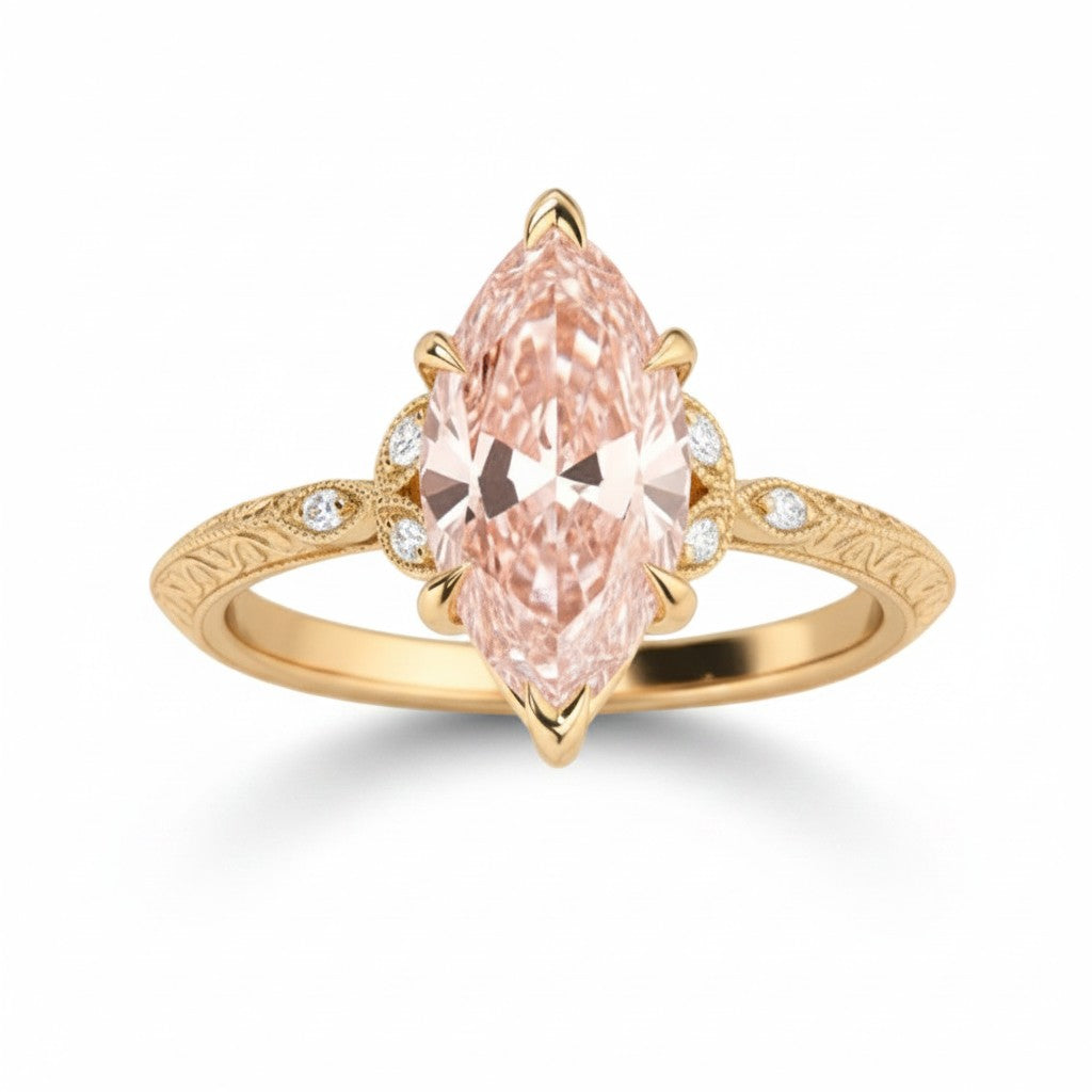 My Store 4 18K solid gold engagement ring featuring a fancy pink marquise-cut lab diamond with intricate band detail.