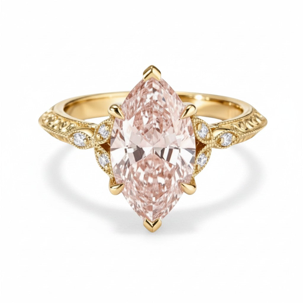 My Store 4 18K solid gold engagement ring featuring a fancy pink marquise-cut lab-grown diamond with intricate details.