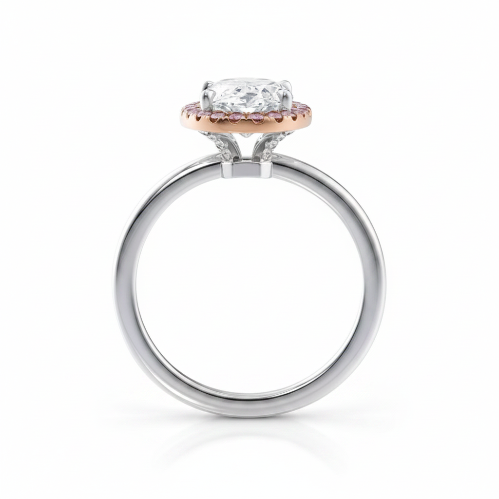 My Store 4 18K solid gold ring featuring a fancy pink oval lab-grown diamond with a pavé halo setting
