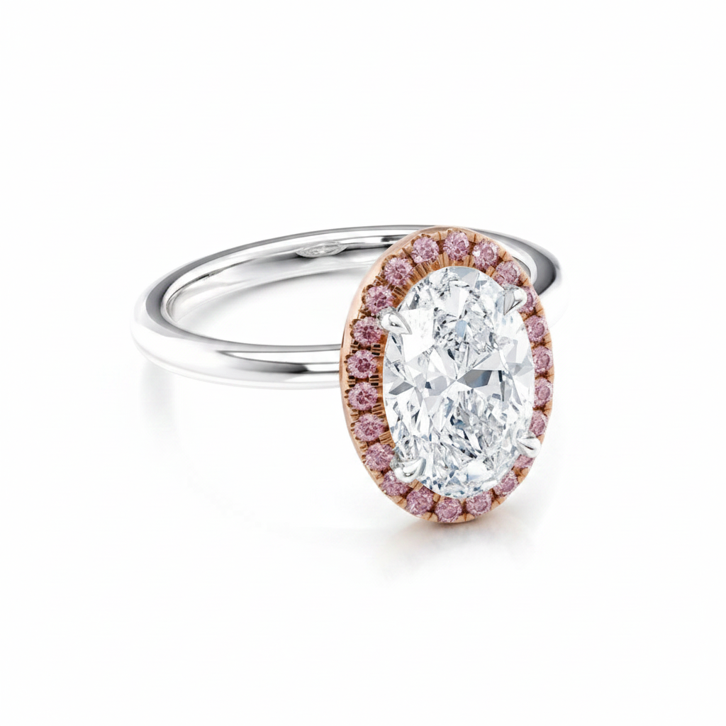 My Store 4 18K solid gold ring featuring a fancy pink oval lab-grown diamond with a pink diamond halo and pavé setting.