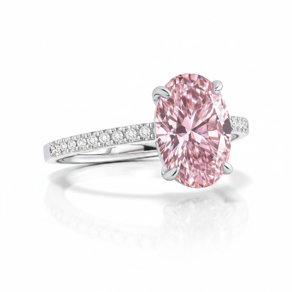 My Store 4 18K solid gold ring featuring a fancy pink oval-cut lab-grown diamond with pavé-set diamond accents.