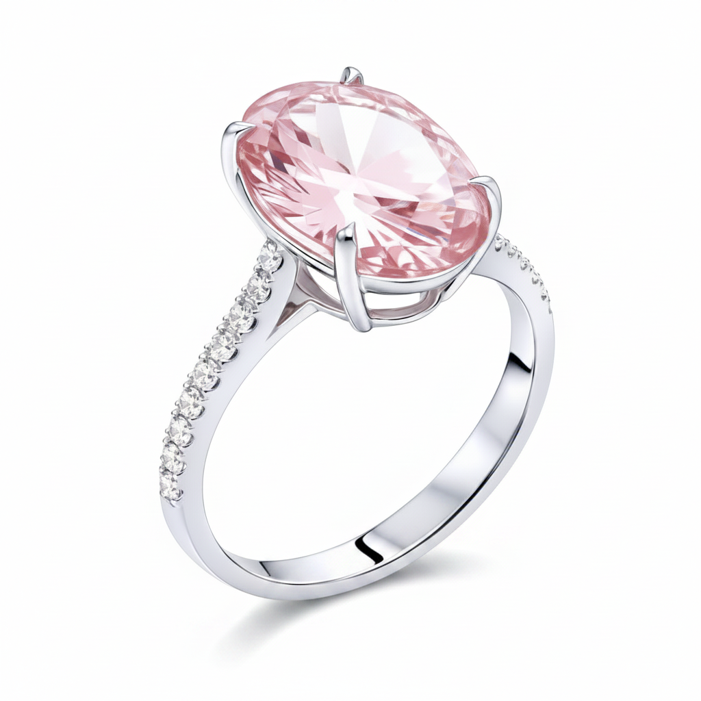 My Store 4 18K gold ring featuring a fancy pink oval lab-grown diamond with pavé-set side stones