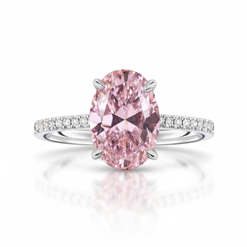 My Store 4 18K solid gold ring featuring a fancy pink oval-cut lab diamond with a sparkling pavé-set diamond band.