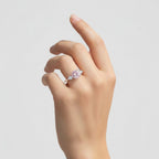My Store 4 18K solid gold trilogy ring featuring a pink pear-cut fancy color lab diamond on a woman's finger