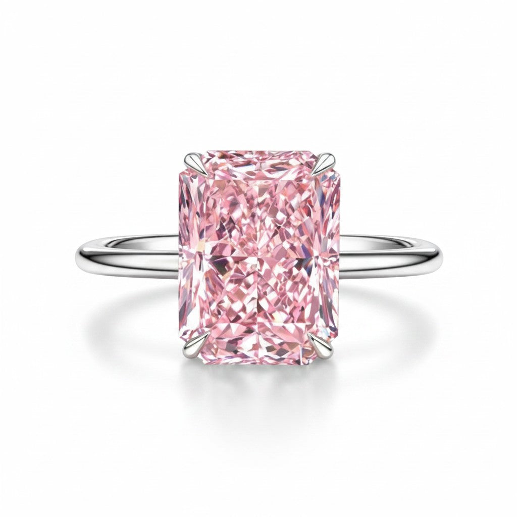 My Store 4 18K solid gold solitaire ring featuring a radiant-cut fancy pink lab-grown diamond on a polished band.
