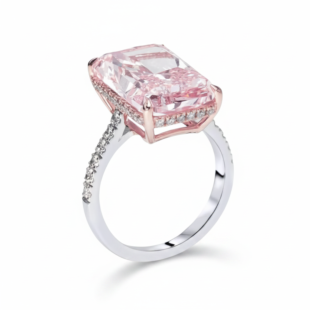 My Store 4 18K solid gold ring featuring a radiant-cut pink diamond with pavé-set diamonds on a white gold band.