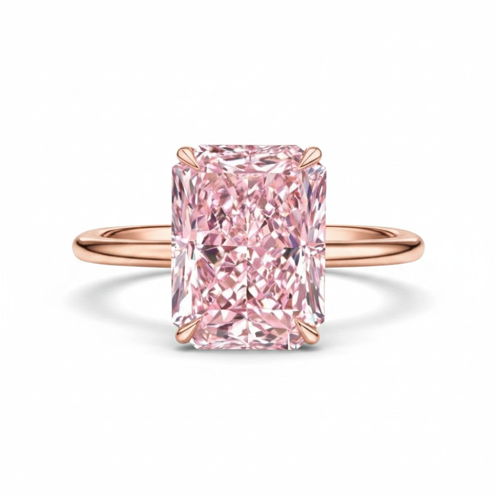 My Store 4 18K solid gold solitaire ring featuring a radiant-cut fancy pink lab-grown diamond on a polished band.
