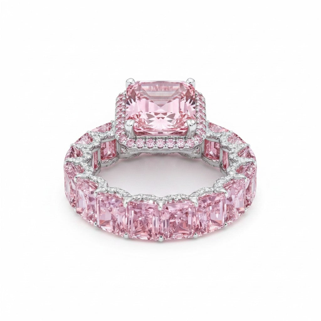 My Store 4 18K solid gold eternity ring featuring radiant-cut fancy pink lab-grown diamonds in a luxurious setting.