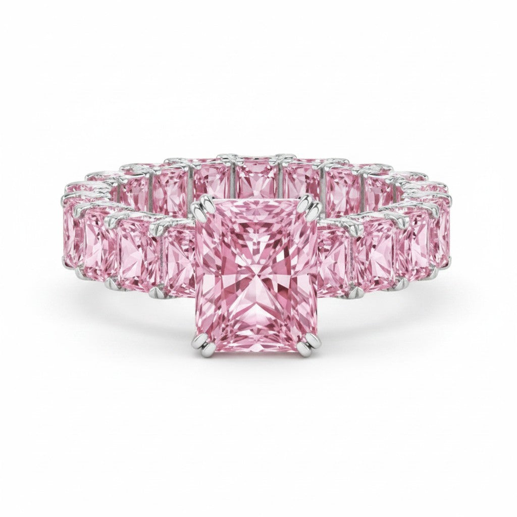 My Store 4 18K solid gold eternity ring featuring radiant-cut fancy pink lab-grown diamonds in a prong setting.