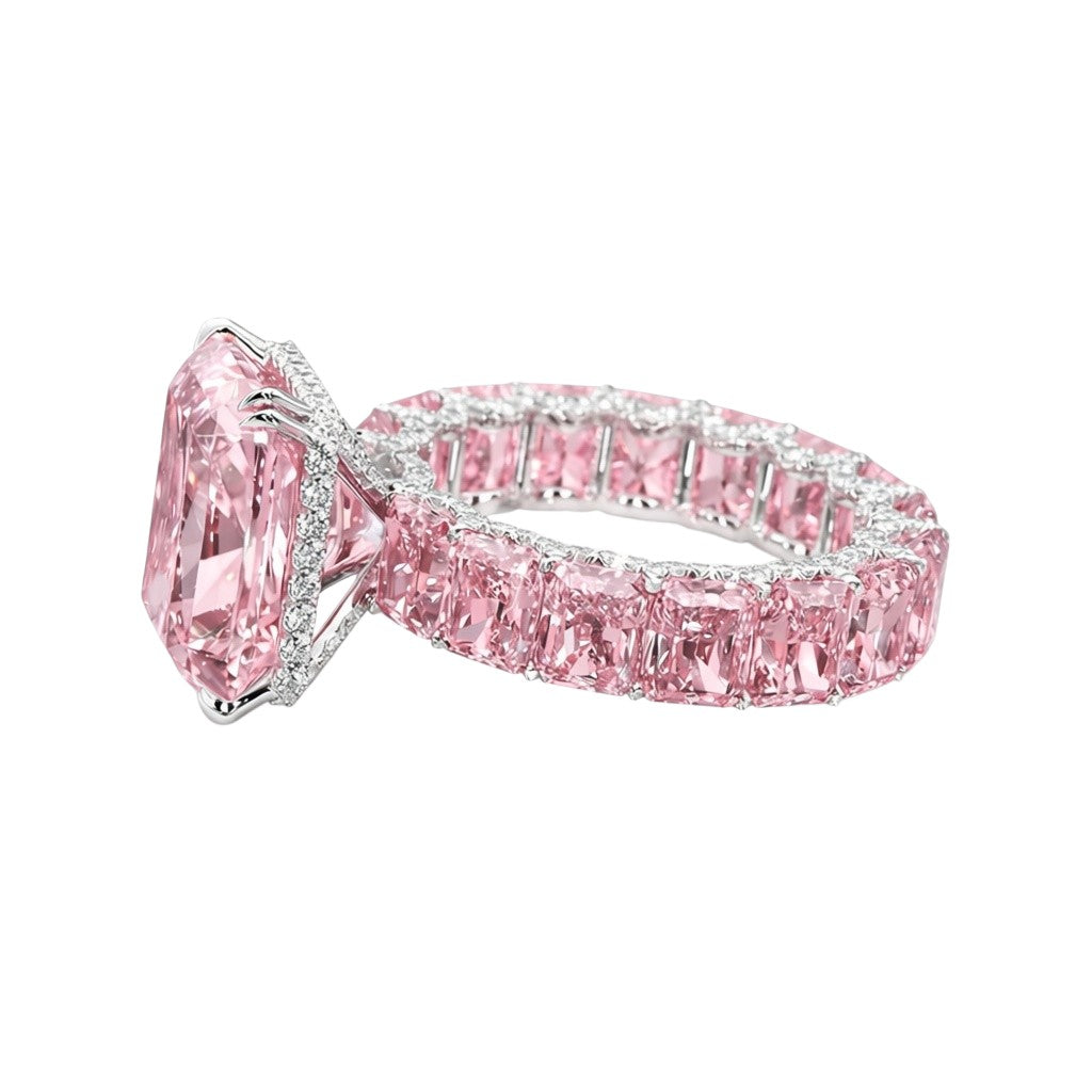 My Store 4 18K solid gold eternity ring featuring radiant-cut fancy pink lab-grown diamonds in a polished setting.