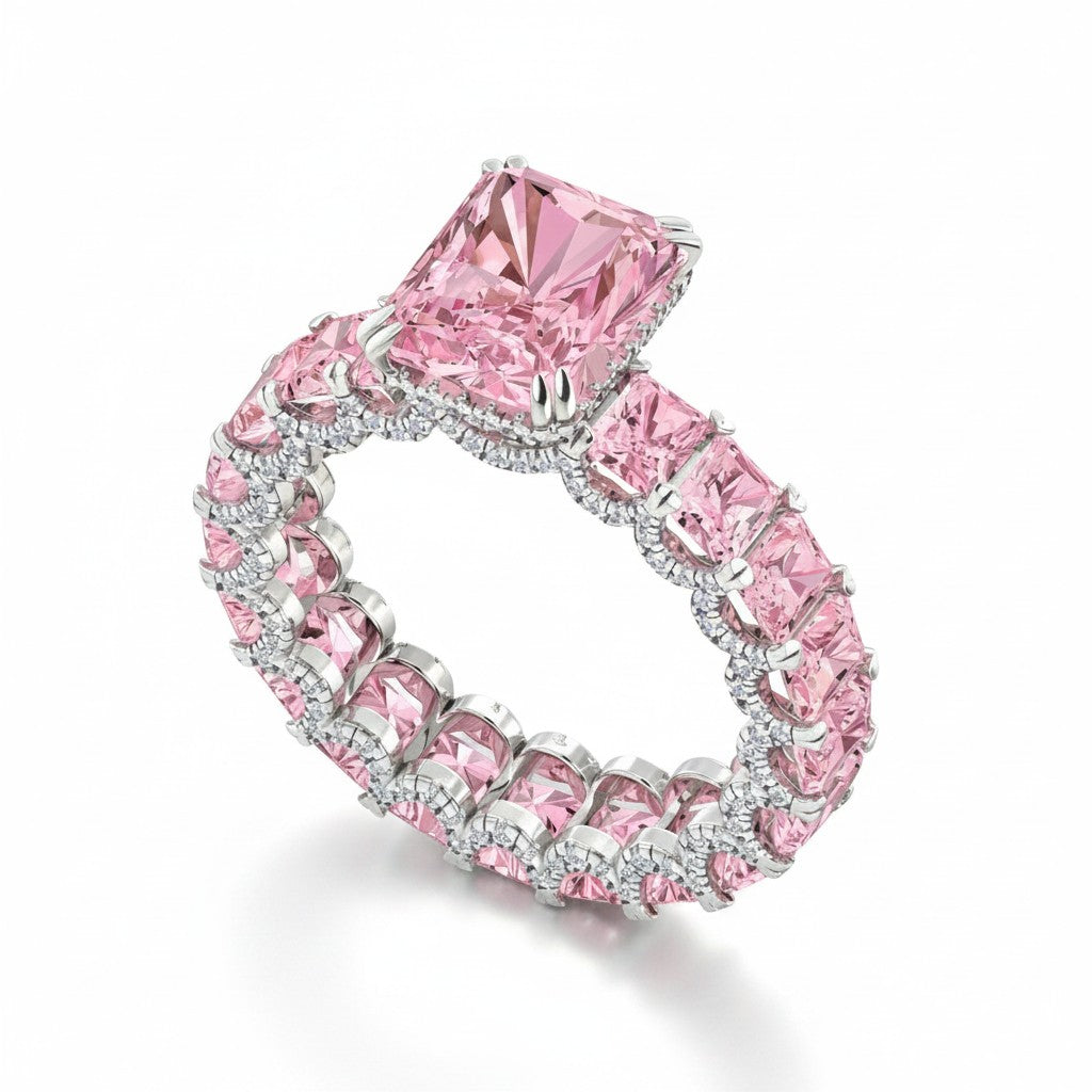 My Store 4 18K solid gold eternity ring featuring radiant-cut fancy pink lab-grown diamonds in a luxury setting.