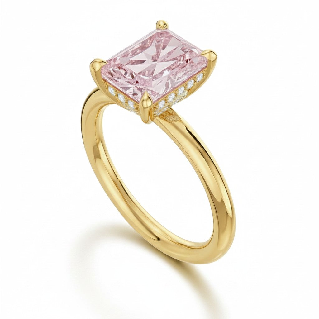 My Store 4 18K solid gold solitaire ring featuring a radiant-cut fancy pink lab-grown diamond on a polished band.