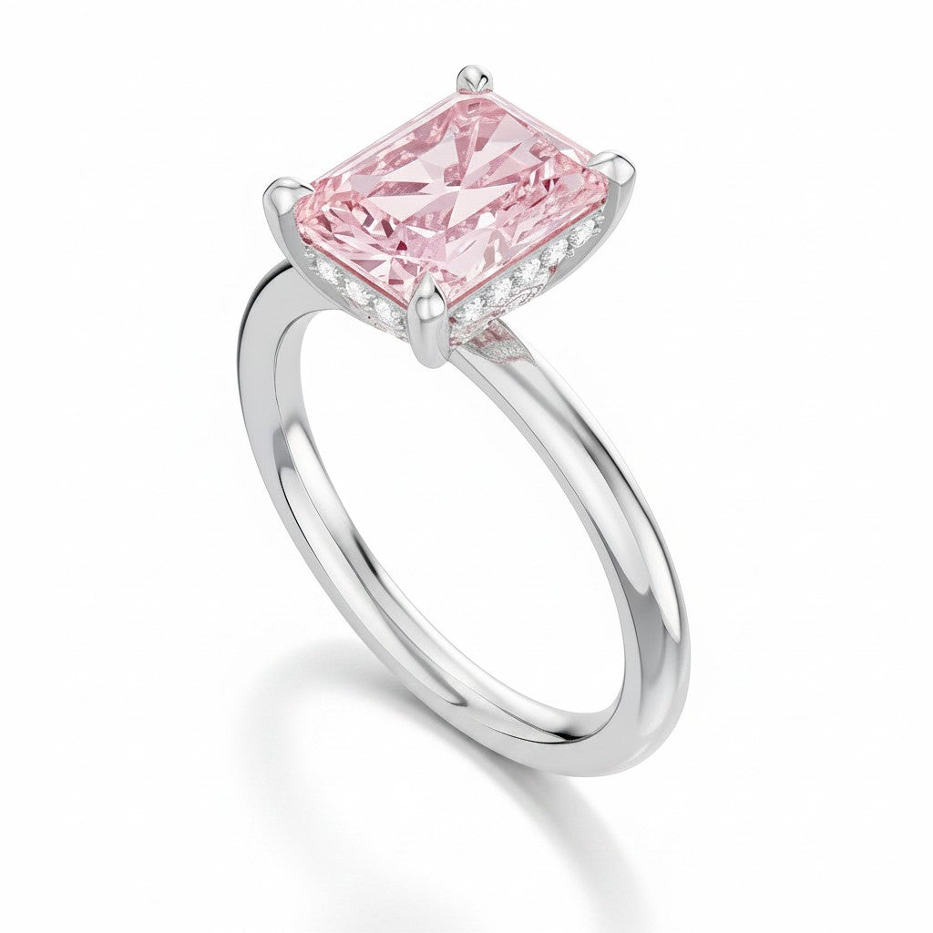 My Store 4 18K solid gold solitaire ring featuring a radiant-cut fancy pink lab-grown diamond on a polished band.