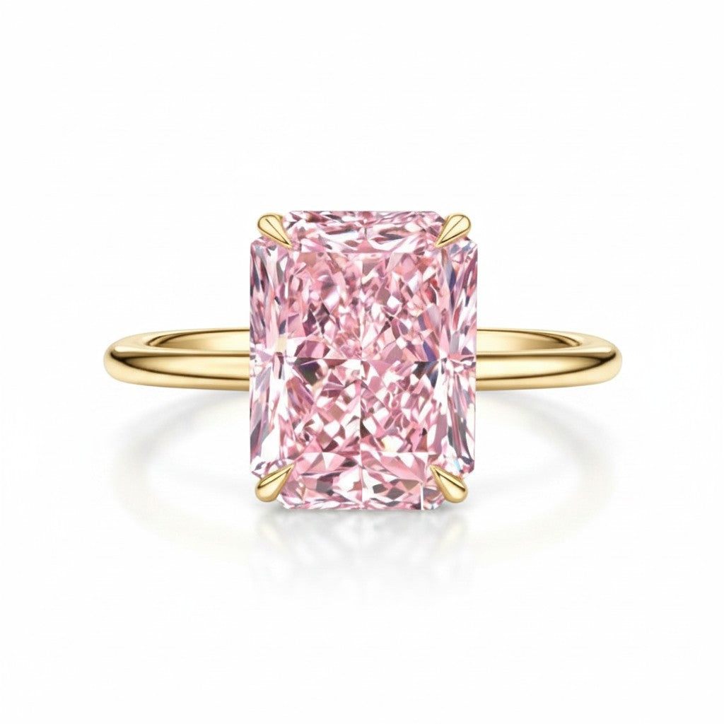 My Store 4 18K solid gold solitaire ring featuring a radiant-cut fancy pink lab-grown diamond on a thin polished band.