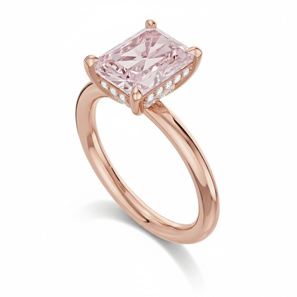 My Store 4 18K solid gold solitaire ring featuring a radiant-cut fancy pink lab-grown diamond with side accents.