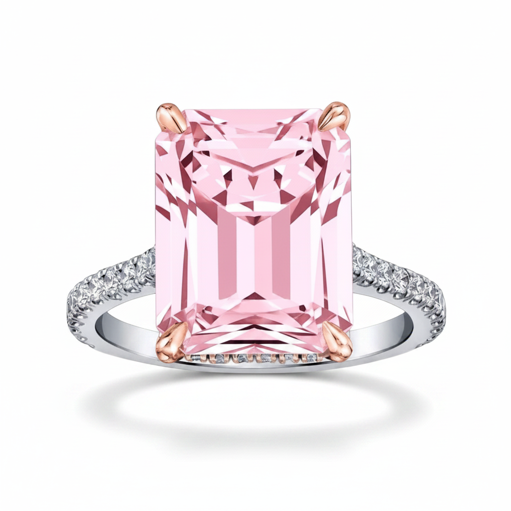 My Store 4 18K solid gold ring featuring a radiant-cut pink diamond with sparkling pavé-set diamonds on the band.