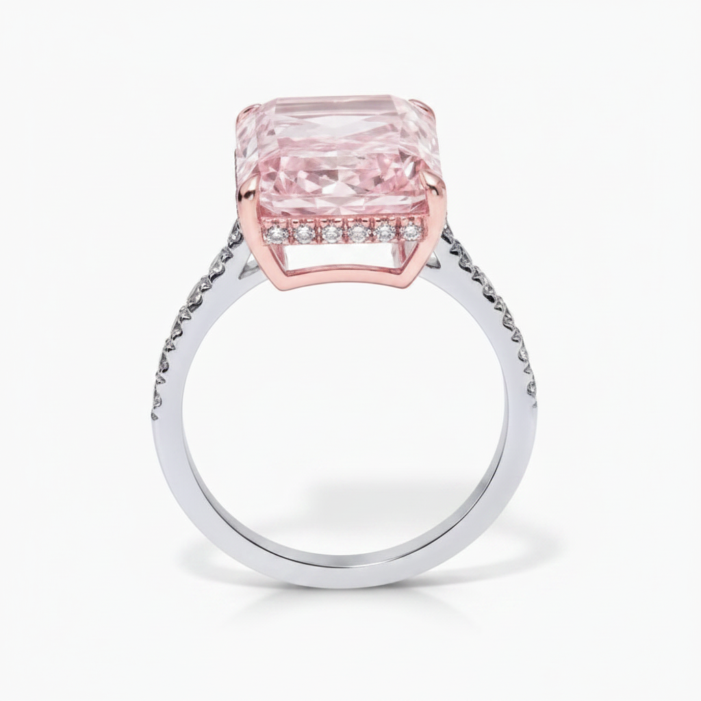 My Store 4 18K gold ring featuring a radiant-cut fancy pink diamond with pavé-set diamonds on a white gold band.