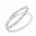My Store 4 tennis bracelet with alternating fancy pink and white heart-cut diamonds in solid gold 3-prong settings.