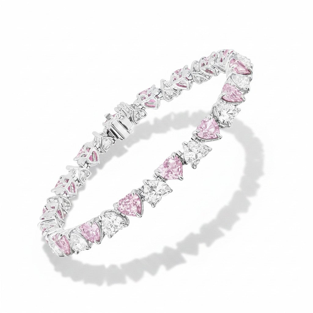 My Store 4 heart-cut pink and white diamond tennis bracelet in gold with alternating stones and secure box clasp.